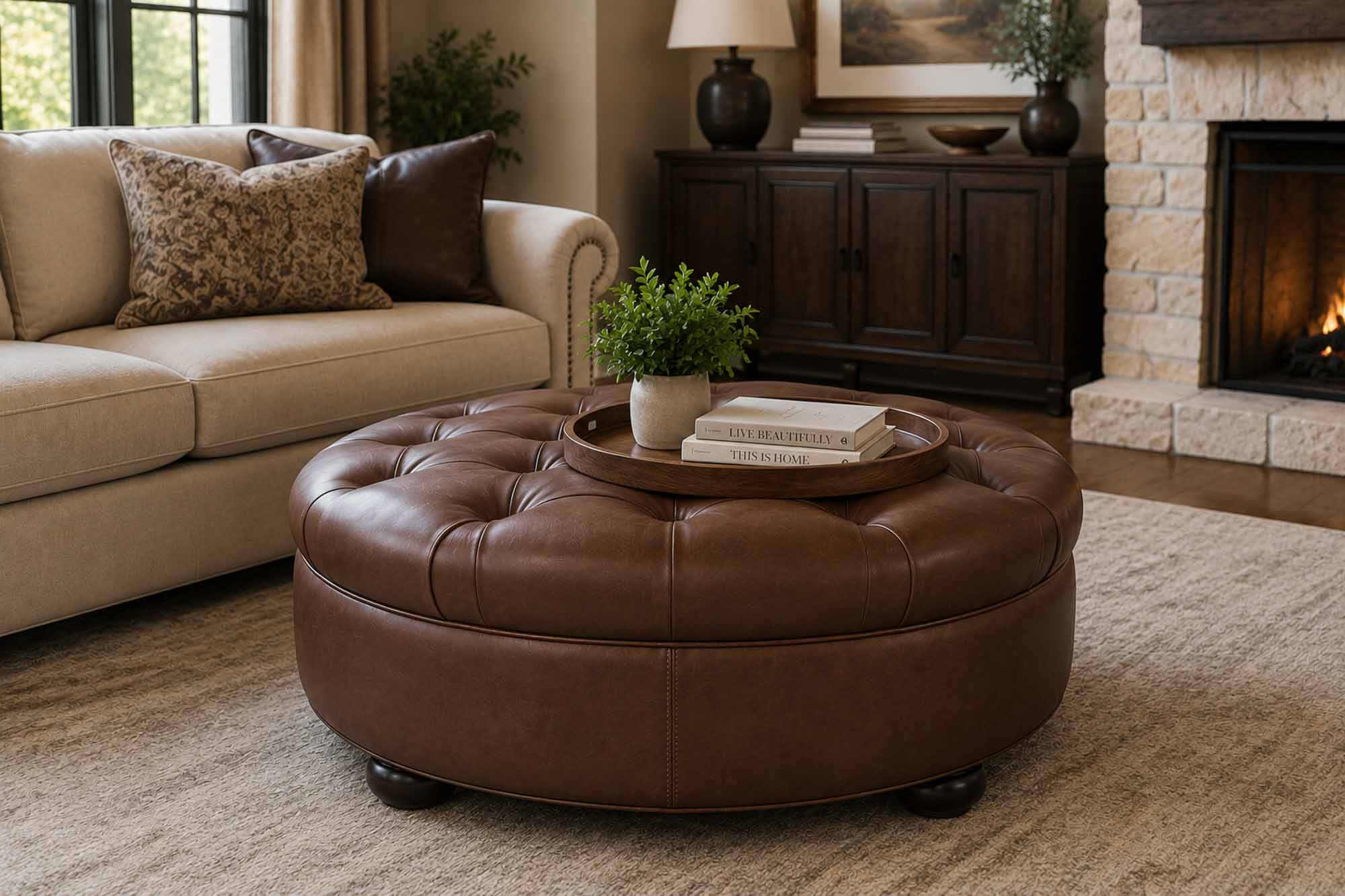 Ashbrook Leather Ottoman - Image 3