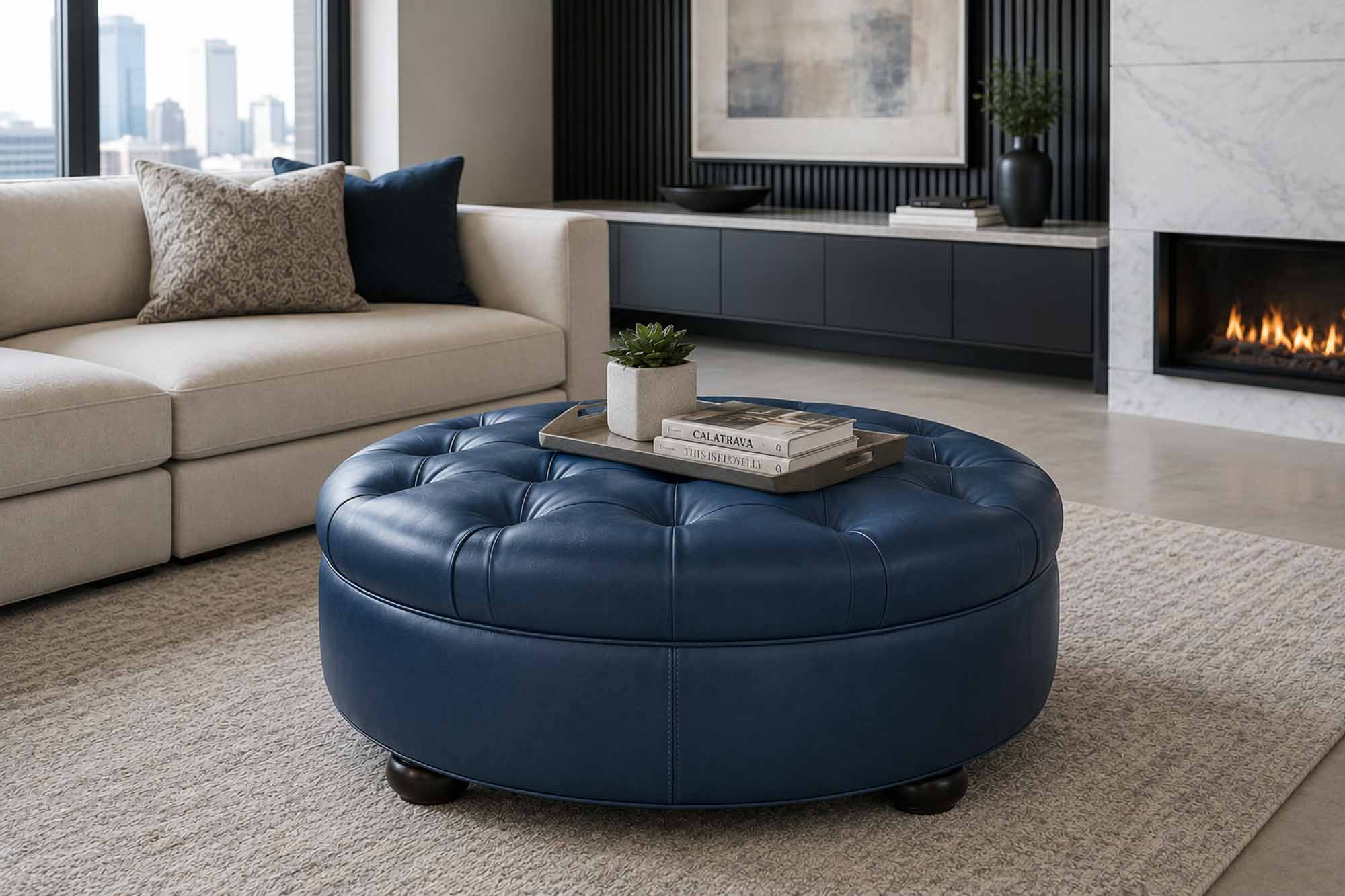 Ashbrook Leather Ottoman - Image 4