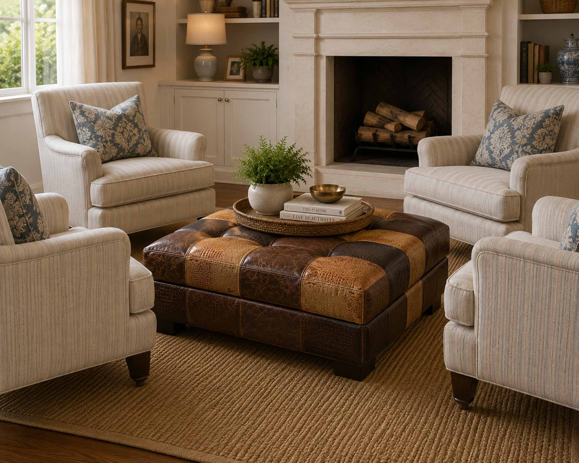 Mosaic Leather Storage Ottoman - Image 2